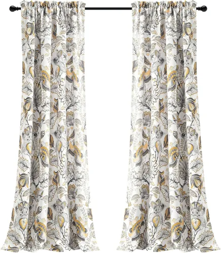 Miniatura 10 de Lush Decor Cynthia Jacobean - Par de paneles de cortinas para ventana con filtro de luz, 84" L x 52" A, amarillo y gris