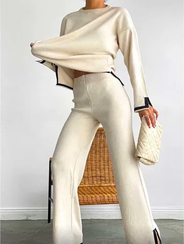 Miniatura 3 de MaLinfandor Conjunto de 2 piezas de suéter de punto para mujer, sudadera de manga larga, pantalones elásticos de pierna ancha, conjunto de ropa