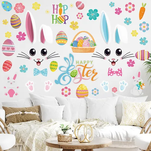 Miniatura 4 de Kajaia 4 piezas Adhesivos de puerta de Pascua felices Adhesivos de refrigerador Huevo de Pascua Flor de Pascua Conejo de Pascua Adhesivos de pared