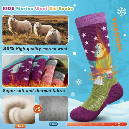 Miniatura 2 de Hylaea Calcetines de esquí de lana merino para niños, calcetines térmicos cálidos hasta la rodilla para patinaje de snowboard para niños y niñas