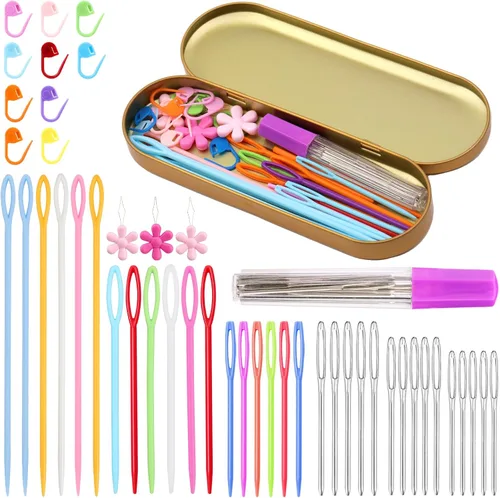 Juego de 48 agujas de coser de plástico para ojos grandes, 15 agujas romas de ojo grande, aguja de hilo, 10 marcadores de punto de tejer con caja,