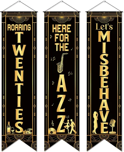 3 piezas de decoraciones de fiesta de los años 20, pancarta de color negro y dorado de los años 20 «Here for the Jazz», carteles colgantes para