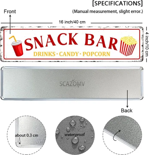 Miniatura 2 de Letrero de metal con diseño de palomitas de maíz para snack bar, bar, bar, cafetería, cocina, decoración de pared del hogar, regalo novedoso, 16 x 4