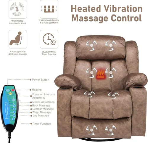 Miniatura 5 de Silla reclinable giratoria con calor y masaje, mecedora manual mecedora reclinable, silla giratoria de 360° con 2 portavasos, bolsillos laterales