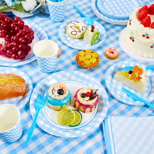 Miniatura 4 de Preboun 198 piezas de suministros de fiesta a cuadros para 24 invitados, mantel a cuadros, banderín, placa, servilleta y cubiertos para picnic, Azul