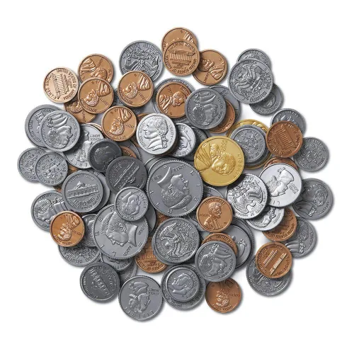 Miniatura 2 de hand2mind Juego surtido de monedas de dinero falsas, monedas falsas detalladas, dinero de utilería, dinero de juguete, dinero de juego para niños