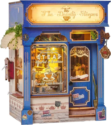 Kit de rincón de libros, casa de té británica en miniatura, rompecabezas de madera 3D con luces LED, soporte para libros pequeño y decoración