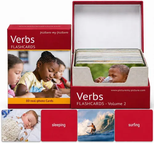Picture My Picture Verbs - Paquete de tarjetas de fotos para terapia del habla, acción de fotos reales, resistente a los arañazos de 300 GSM, guía