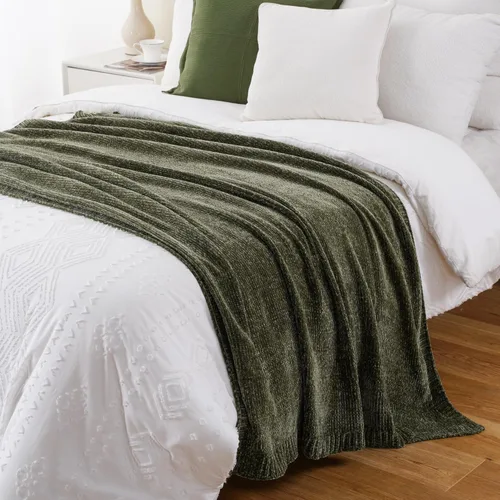 Miniatura 6 de BATTILO HOME Manta de Chenille Verde Oliva para Sofá, Acogedora Manta de Punto para Cama, Sofá, Exteriores, Súper Suave y Cálida, Mantas de Chenille