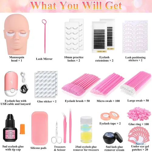 Miniatura 2 de Kit de extensión de pestañas Tetutor para principiantes, kit profesional de práctica de extensión de pestañas con todo incluido, cabeza de maniquí