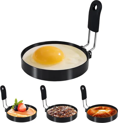 Miniatura 10 de Anillos de huevo para freír huevos, 3.5 pulgadas de acero inoxidable, para panqueques ingleses, magdalenas, con mango de silicona
