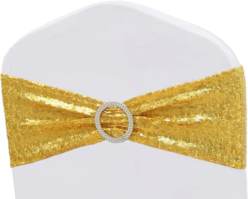 Bandas de silla doradas totalmente cubiertas de lentejuelas brillantes para bodas, bandas de silla con purpurina brillante y lazos para decoraciones