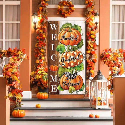 Miniatura 3 de SENSEVEN Cartel de Acción de Gracias de calabaza de otoño, cubierta grande para puerta de otoño, decoración de porche de bienvenida de otoño de 70.9