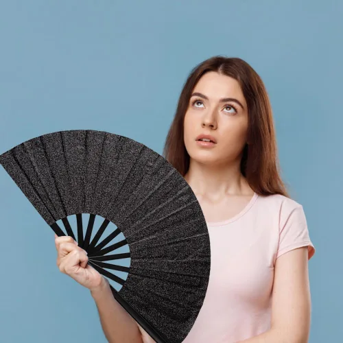 Miniatura 3 de Paquete de 2 ventiladores de mano plegables grandes para fiestas, abanico de mano con purpurina para festivales, ventilador de mano plegable grande