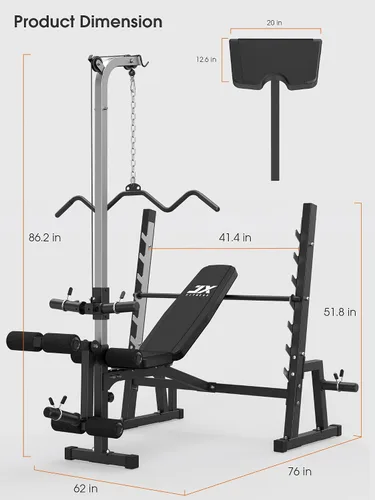 Miniatura 6 de JX FITNESS Banco de pesas olímpico con sistema de polea desplegable LAT y almohadilla de rizo de predicador, prensa de banco de entrenamiento