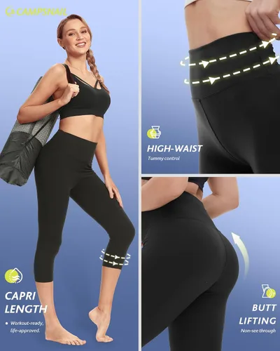 Miniatura 3 de Paquete de 4 leggings capri para mujer, pantalones capri de cintura alta, control de abdomen, pantalones de yoga con bolsillos, mallas de ciclismo