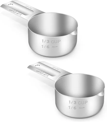 2 piezas 1/3 taza (80 ml, 2.7 oz) Taza medidora única, cuchara medidora de acero inoxidable, medición métrica y en EE. UU., apta para lavavajillas