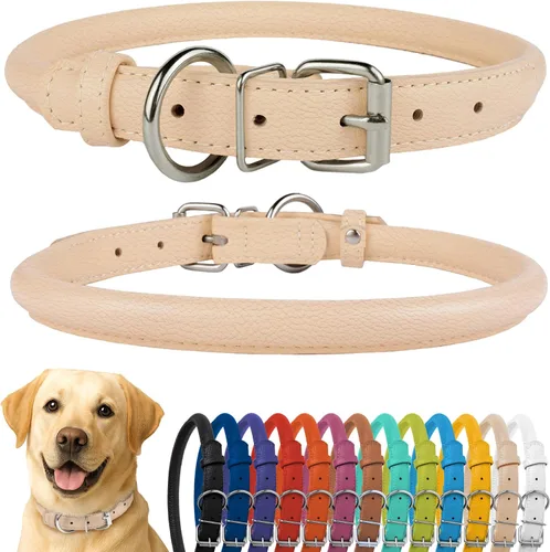 Miniatura 74 de CollarDirect Collar de cuero enrollado para perro, collar redondo acolchado suave para cachorros, hecho a mano, collar de cuero genuino para perros