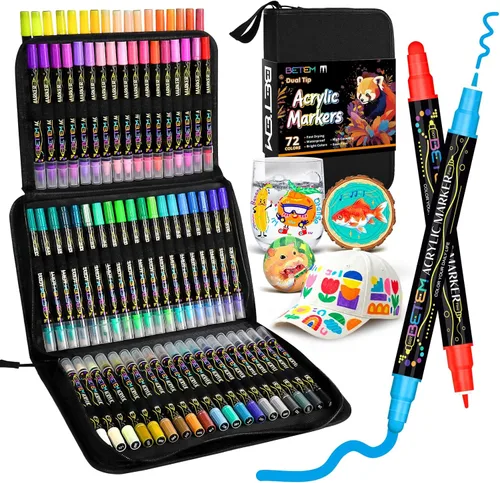 Betem Marcadores de Pintura Acrílica, Punta Dual de 72 Colores, Marcadores de Pintura Premium para Madera, Tela, Lienzo, Piedra, Pintura en Roca,