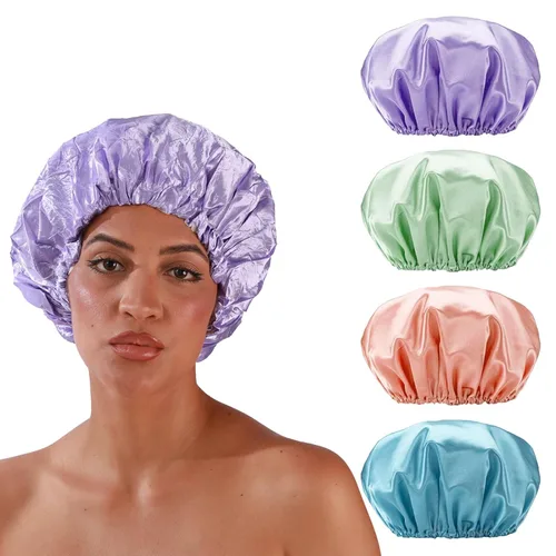 Miniatura 10 de Smilco Paquete de 2 gorros de ducha para mujer, reutilizables, impermeables, de doble capa, cubierta elástica grande de EVA para el cabello, se
