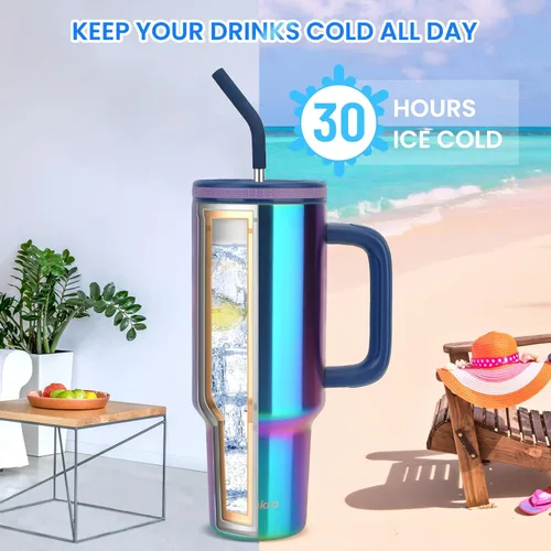 Miniatura 2 de Zukro - Vaso de 40 oz con asa y pajita, tapa roscada con orificio ancho para pajita, taza de acero inoxidable aislada que cabe en el portavasos