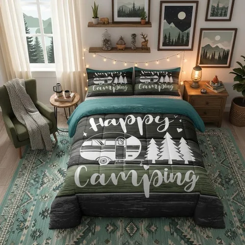 Miniatura 32 de Happy Camping - Juego de edredón de 3 piezas, tamaño Queen, retro, azul, rojo, blanco, rayas de madera, para niños, adolescentes, adultos, Multi 19