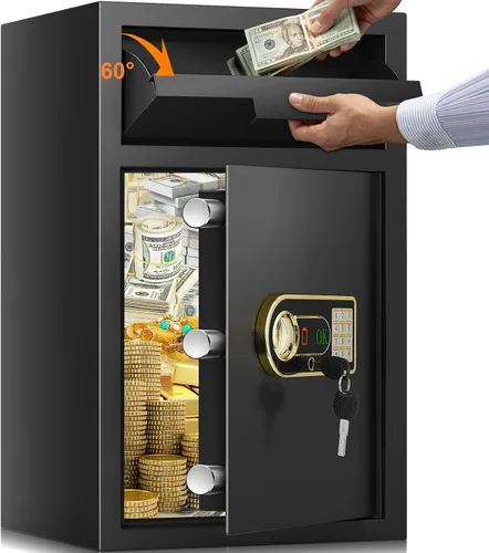 Miniatura 11 de Caja fuerte de 2.8 pulgadas cúbicas para negocios, con ranura antirrobo para dinero con cerradura de combinación digital y llaves de repuesto, caja