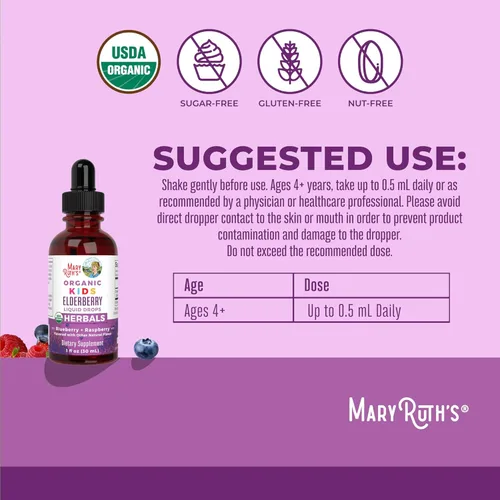 Miniatura 3 de MaryRuth's - Jarabe de saúco negro orgánico en gotas, apoyo inmunológico, vegano, sin OGM y sin gluten, para 1 mes, arándano y frambuesa - 1 onza