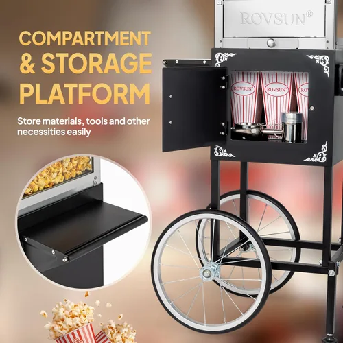 Miniatura 5 de Bonnlo Máquina de palomitas de maíz estilo cine con carrito y ruedas, máquina de palomitas de maíz de 8 onzas con cuchara de palomitas de maíz, Negro