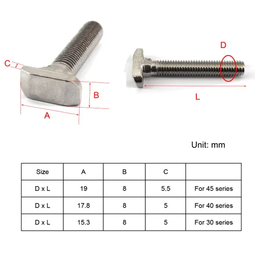Miniatura 5 de Perno de ranura en T de acero inoxidable M8x20mm 304 Serie 40 Perfil de aluminio en forma de T Tornillo de 0.701 in Tamaño de la cabeza
