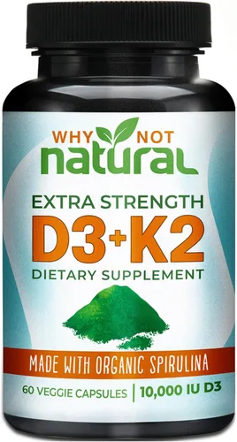 Why Not Natural Vitamina D3 K2 (MK-7) con espirulina orgánica, suplemento extra fuerte de 10000 UI en cápsulas vegetales, apoya la salud ósea, el