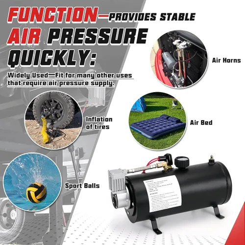 Miniatura 5 de PTNHZ Bomba de Tanque de Compresor de Aire DC 12V MAX 150PSI con Tanque de 3 Litros 0.8 Galones Para Tren, Camión, Barco, Camioneta, Autocaravana.