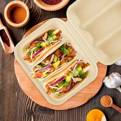 Miniatura 6 de JMIATRY 50 soportes desechables para tacos con tapas, platos desechables para tacos con 3 compartimentos, divisores de fibra de pulpa, desechables