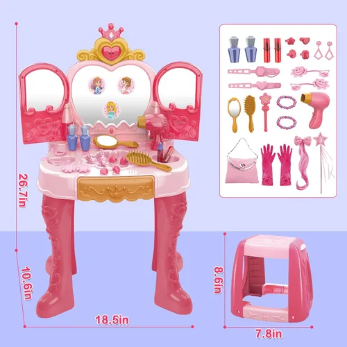 Miniatura 5 de deAO - Juego de tocador de maquillaje para niños pequeños con espejo y silla, juego de tocador para niños con luces, juguete de maquillaje