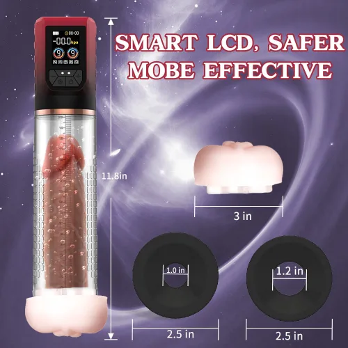 Miniatura 5 de Bomba de pene extensor de pene con lubricante, vibrador 3 en 1 para hombre, bomba de vacío eléctrica para pene con 12 modos de entrenamiento Rojo