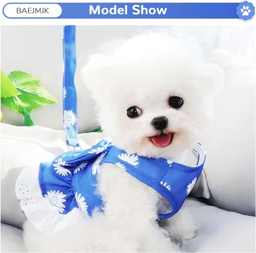 Miniatura 6 de BAEJMJK Juego de arnés y correa para perros pequeños, vestido de cachorro con lazo floral para niña, transpirable, lindo vestido de princesa