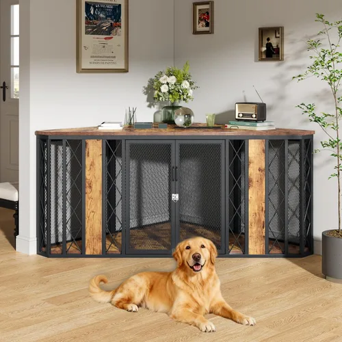 Miniatura 10 de kepptory Caja grande para perros de 48 pulgadas con 3 cajones de almacenamiento, perrera de madera con divisor removible, mesa auxiliar de perrera
