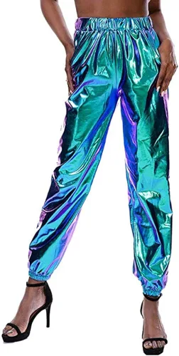Miniatura 3 de Kaipiclos Pantalones deportivos reflectantes para mujer, metálicos, brillantes, estilo hip hop, harem, leggings holográficos (azul, 2XL), Azul