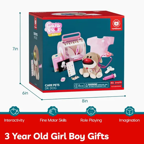 Miniatura 8 de TOP BRIGHT Kit de médico para niños pequeños de 3 a 5 años, juego de simulación con disfraz de veterinario rosa, kit de DR juguetes de vestir