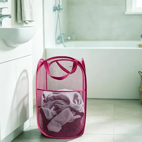 Miniatura 6 de Larpur Cesta desplegable para lavandería, plegable, portátil, de malla, con asas de transporte reforzadas (rosa)