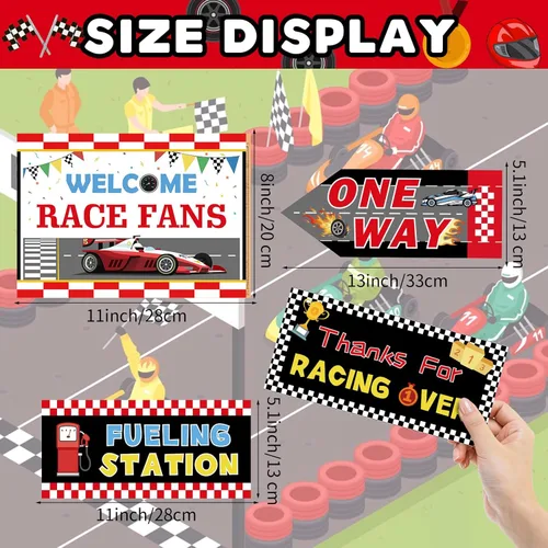 Miniatura 5 de Hooqict 20 piezas de decoración de fiesta de coche de carreras, letreros direccionales para fiestas de coches de carreras, suministros de fiesta