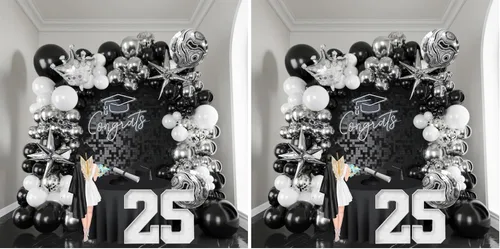 Kit de arco de guirnalda de globos negros y plateados, 145 unidades, globos plateados cromados, blancos, gris ágata con corona para decoraciones de