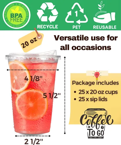 Miniatura 4 de Vasos de plástico transparente de 20 onzas con tapas sin pajilla, 25 juegos de tazas desechables de plástico para café helado, taza para llevar