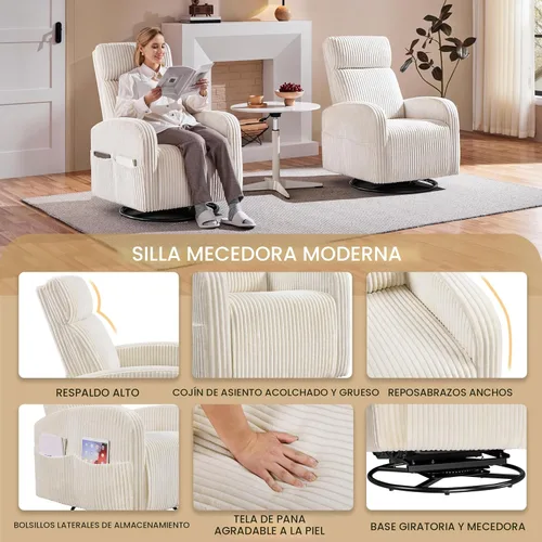 Miniatura 5 de Yaheetech Silla deslizante giratoria de 360° para cuarto de bebé, silla mecedora para amamantar con bolsillos laterales, mecedora de pana para sala