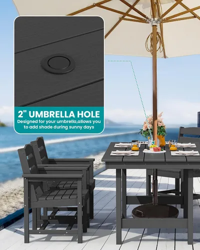 Miniatura 3 de SERWALL Juego de mesa de comedor de 7 piezas, muebles de comedor de polietileno de alta densidad para exteriores con agujero para paraguas y 6 Negro