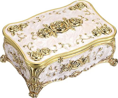 Hipiwe Joyero de metal con patrón de rosas, caja organizadora de baratijas doradas vintage con cierre magnético, caja de almacenamiento de recuerdos