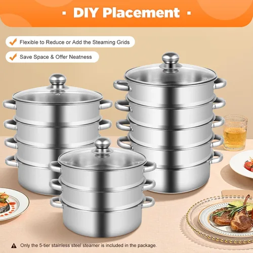 Miniatura 3 de Olla de vapor para cocinar de acero inoxidable de 10.2 pulgadas, olla de vapor de 5 niveles con tapa, utensilios de cocina multiusos para cocinar
