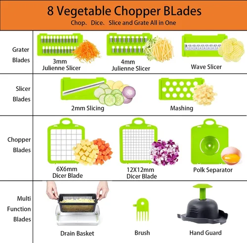Miniatura 2 de Cortador de verduras, multifuncional 13 en 1 rebanador de alimentos para cocina. Cortador de verduras con 8 cuchillas y recipiente para ensalada