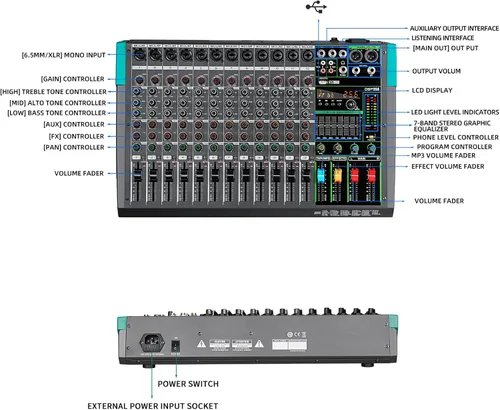 Miniatura 8 de Depusheng PA12 Mezclador de audio profesional, consola de mesa, sistema de interfaz de 12 canales, digital, USB, Bluetooth, MP3, entrada