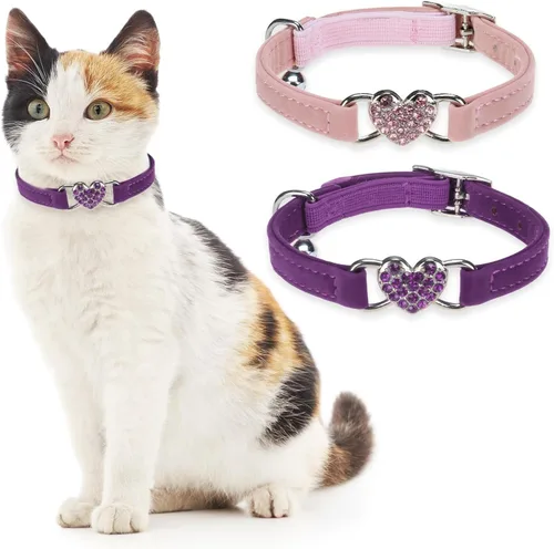 Miniatura 18 de BINGPET collar ajustable para gatos, de terciopelo suave, seguro, collares Bling diamante con cascabel, Adjustable, Rosado claro Rosa
